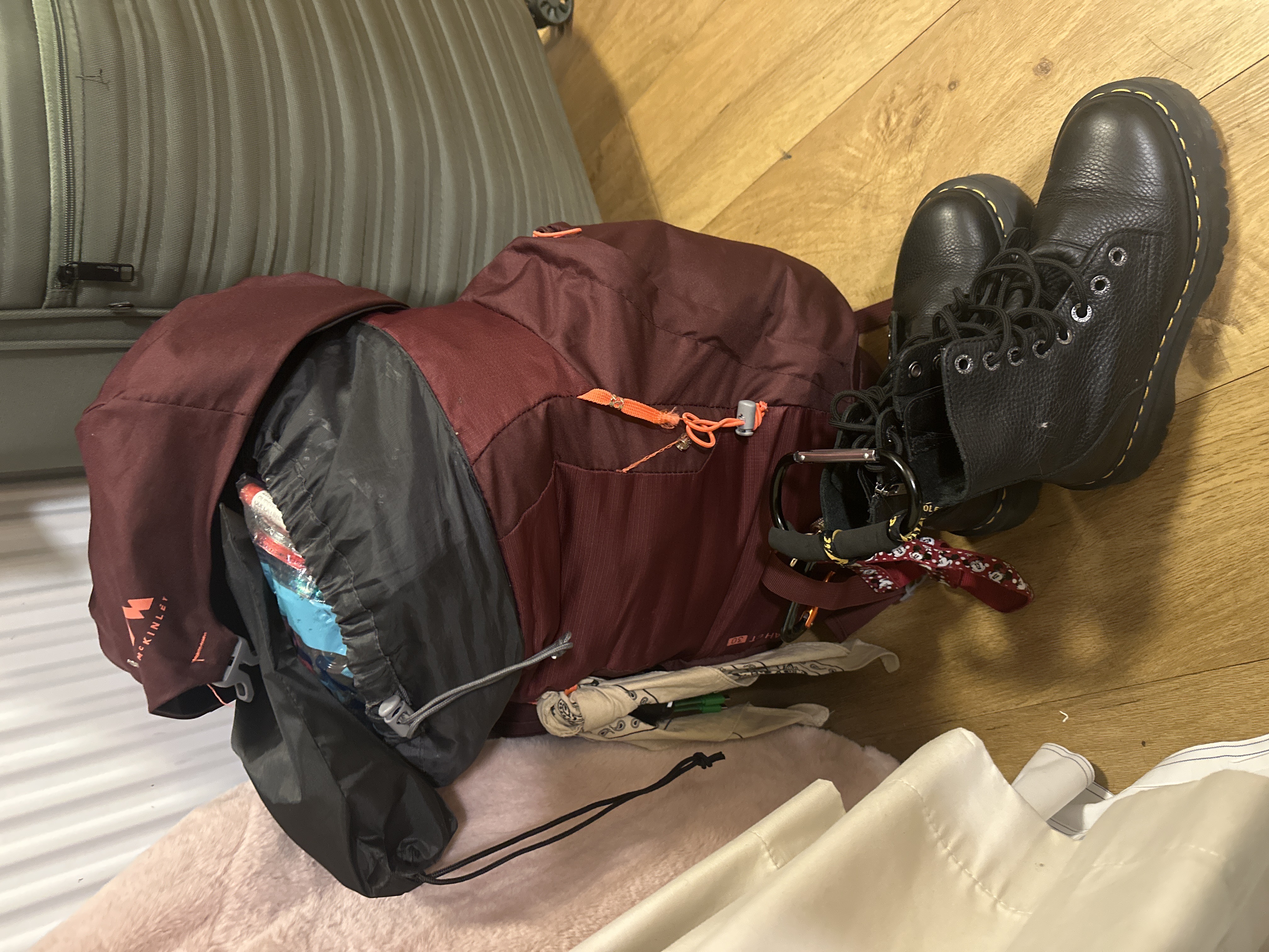 Large backpack, boots and suitcase packed for long-term travel