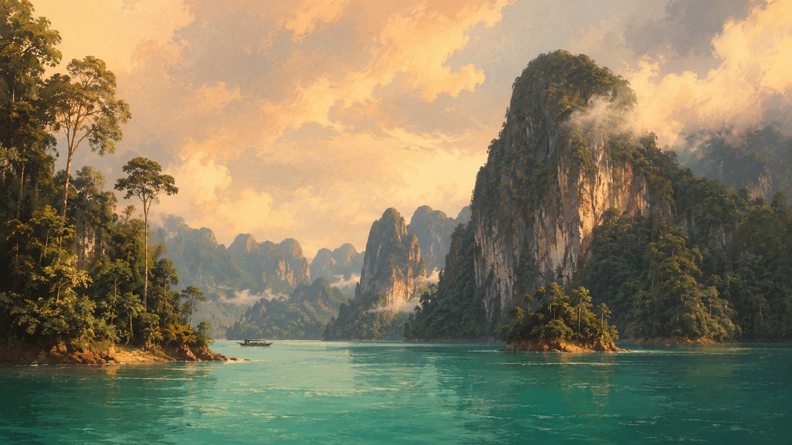 Illustrated karst cliffs and emerald water at Khao Sok National Park.