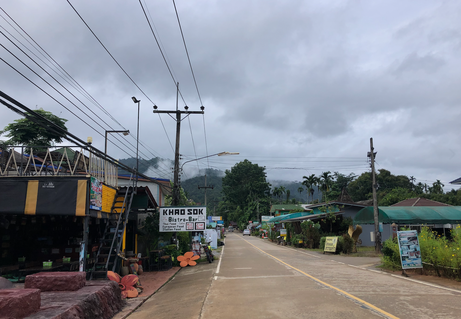 Street through Khao Sok village near Khao Sok National Park in southern Thailand