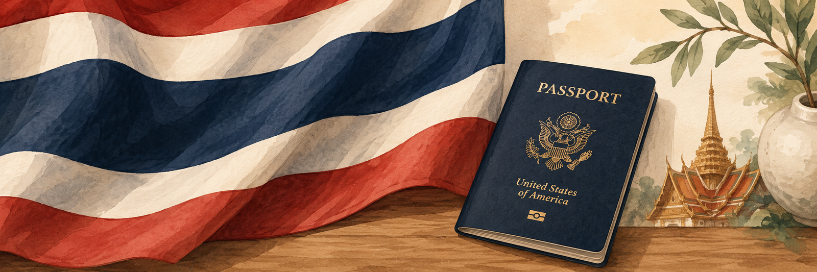 American passport beside the Thai flag, symbolizing teaching and working abroad in Thailand