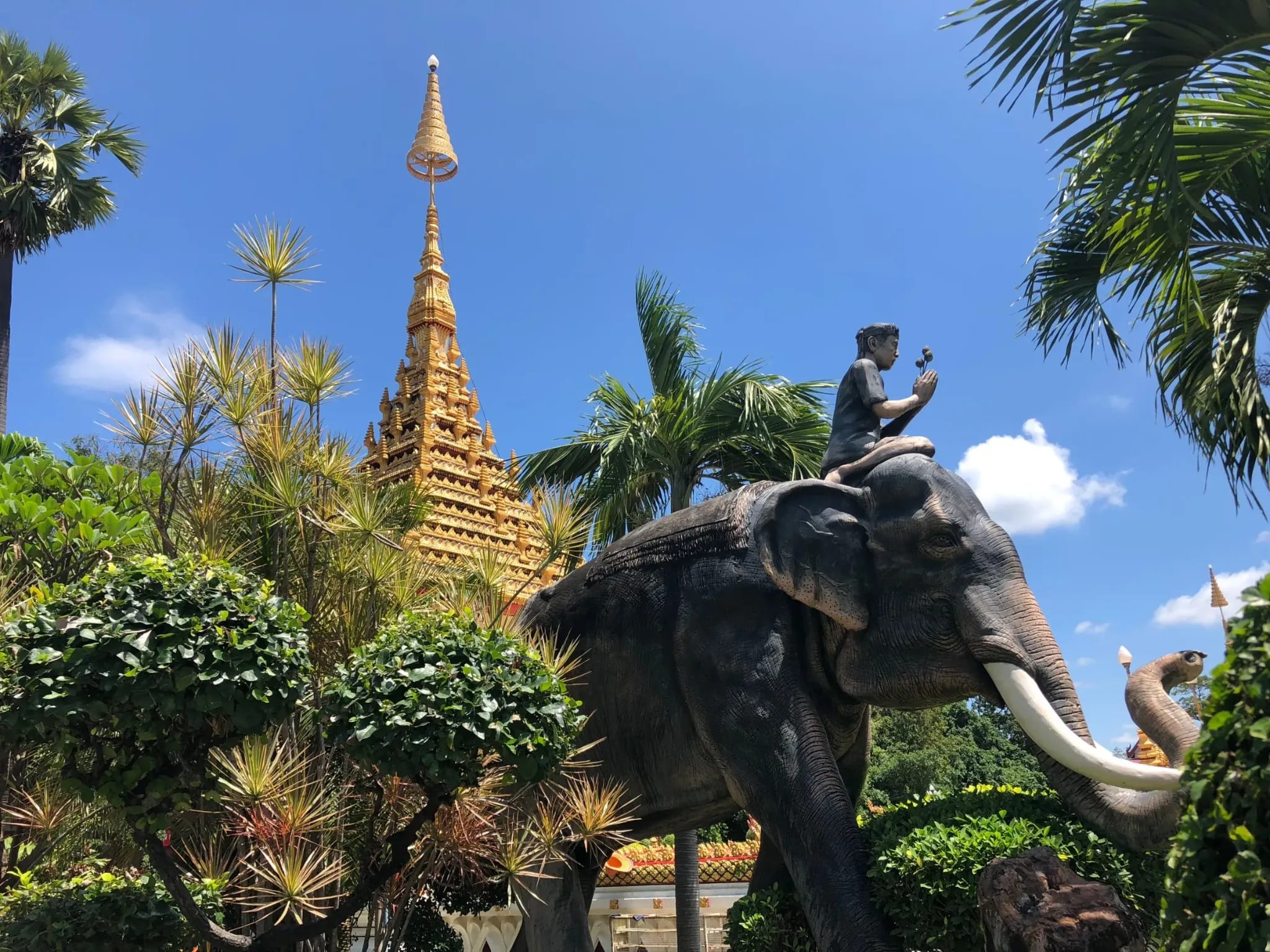Decorative elephant statue and temple architecture at Wat Nong Waeng in Khon Kaen