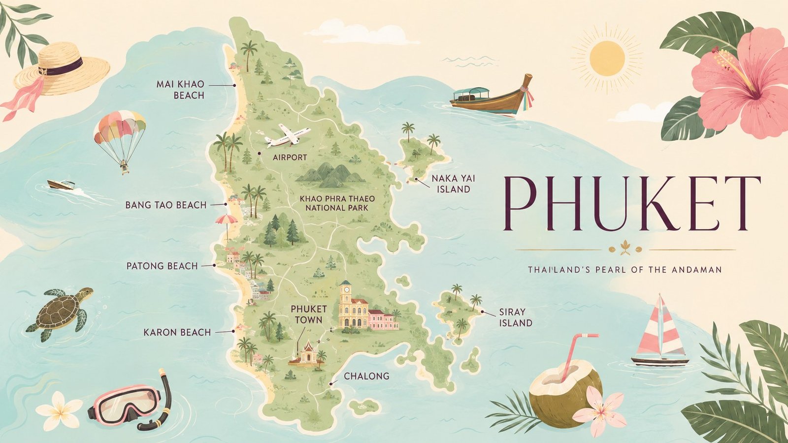 Illustrated map of Phuket showing beaches, Phuket Town, the airport, national park areas and nearby islands