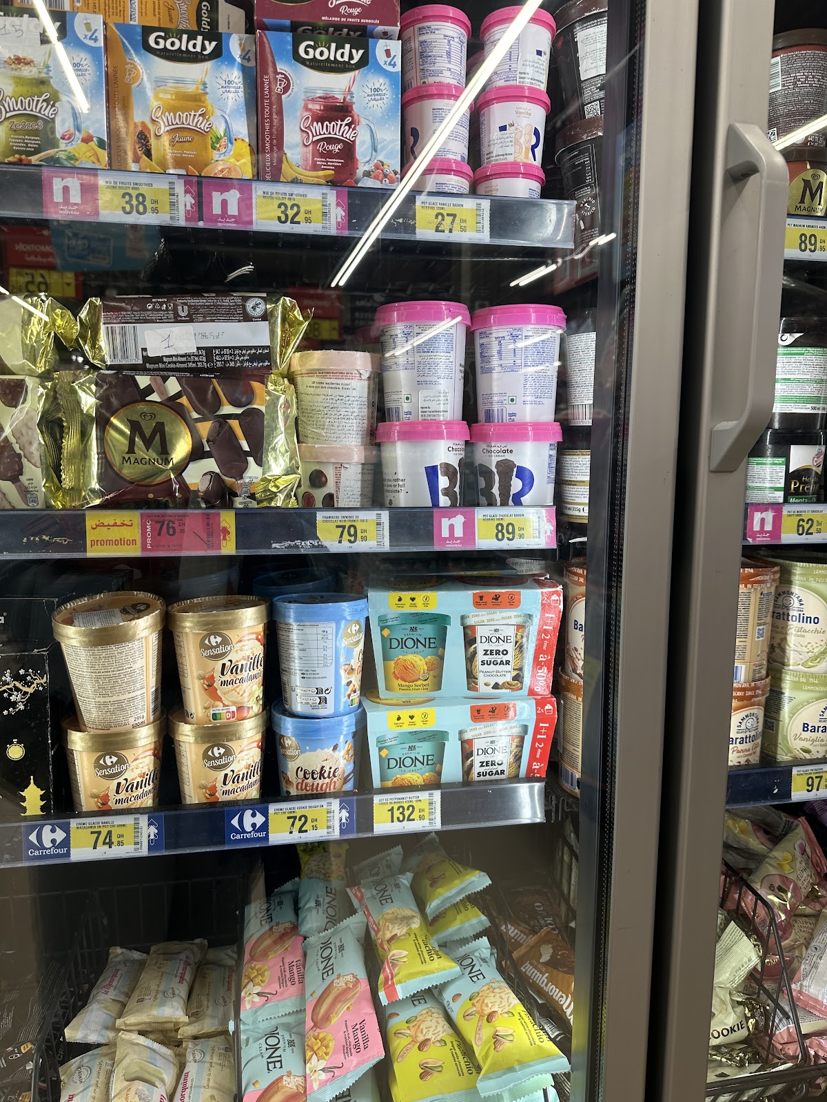 A grocery store freezer filled with everyday ice cream and frozen food